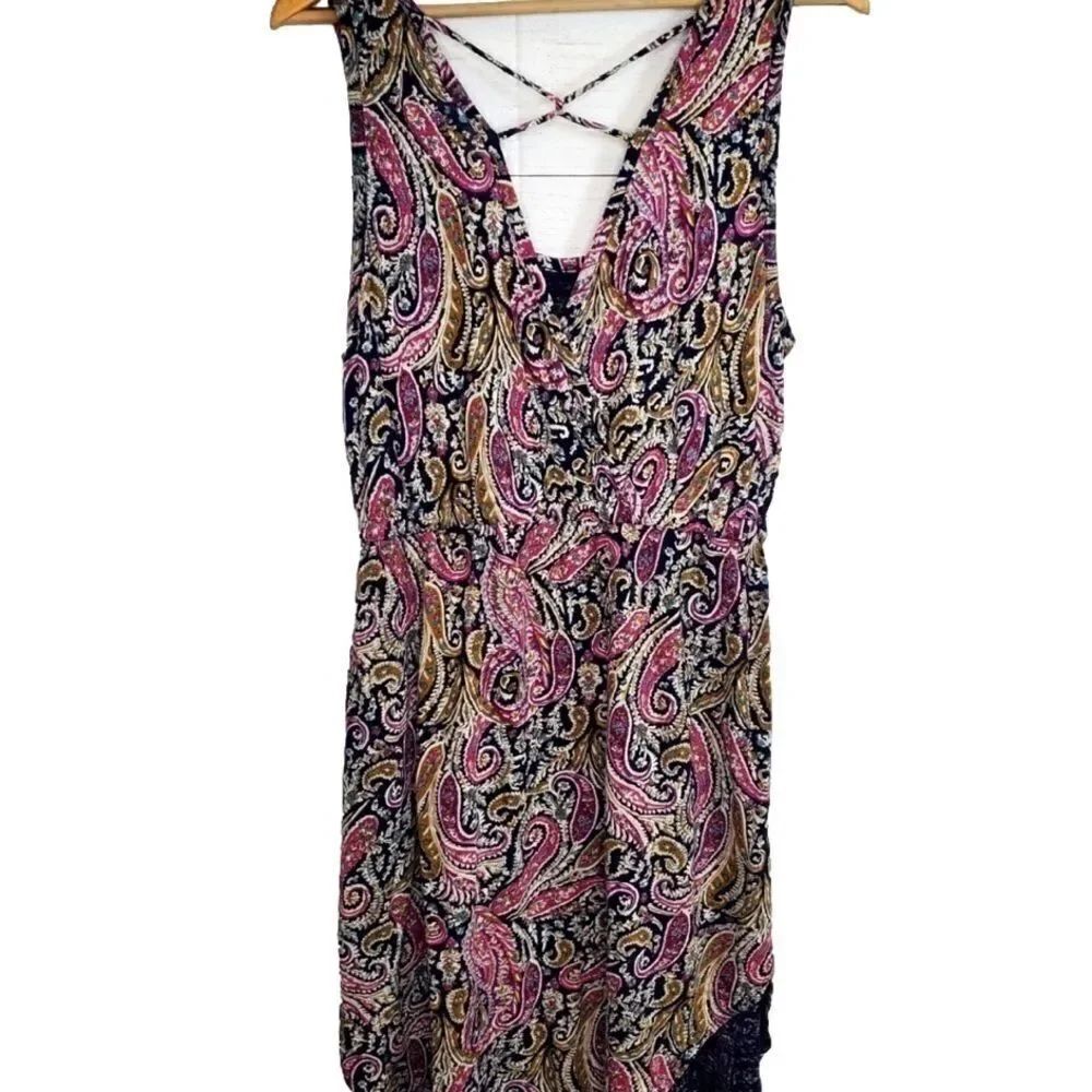 🍀 lucky Brand linen paisley drawstring deep V dress sz M